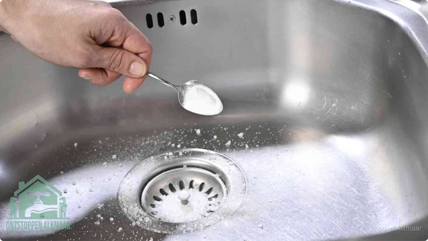 Een hand strooit met een lepel soda in de afvoer van een roestvrijstalen spoelbak, de soda en azijn huismiddel-methode om de afvoer te ontstoppen in Alkmaar