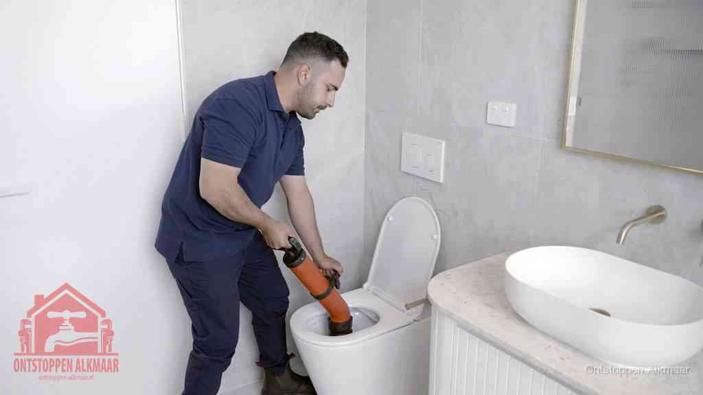 Een man gebruikt een handmatige luchtdruk-ontstopper in een modern betegeld toilet om zelf de wc te ontstoppen in Alkmaar